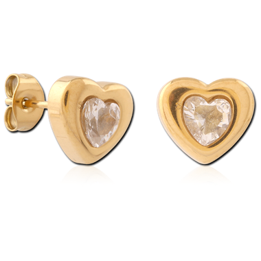 GOLD PVD 18K COATED SURGICAL STEEL STUD EARRINGS HEART CLEAR GEM PAIR