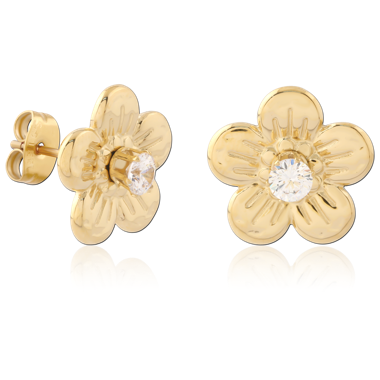 GOLD PVD 18K COATED 316L SURGICAL STEEL FLOWER STUD EARRINGS SINGLE CRYSTAL