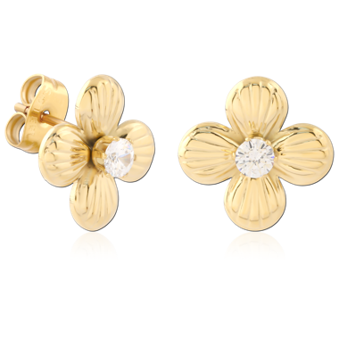 GOLD PVD 18K COATED 316L SURGICAL STEEL FOUR PETAL FLOWER STUD EARRINGS CRYSTAL