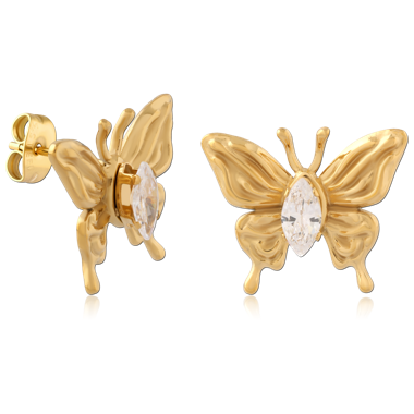 GOLD PVD 18K COATED 316L SURGICAL STEEL BUTTERFLY STUD EARRINGS MARQUISE CRYSTAL