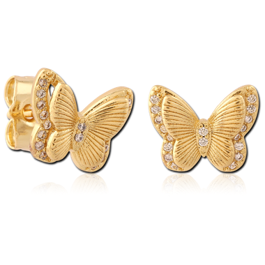 GOLD PVD 18K COATED 316L SURGICAL STEEL BUTTERFLY STUD EARRINGS PAVE CRYSTALS