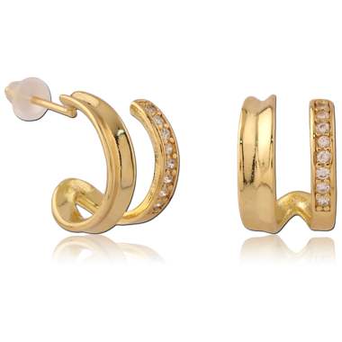 GOLD PVD 18K COATED SURGICAL STEEL STUD EARRINGS DOUBLE BAND CLEAR CRYSTALS