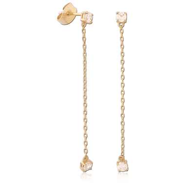 316L GOLD PVD 18K COATED SURGICAL STEEL STUD EARRINGS ROUND GEM CHAIN DROP