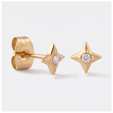 GOLD PVD 18K COATED SURGICAL STEEL STUD EARRINGS FOUR-POINT STAR CENTER GEM