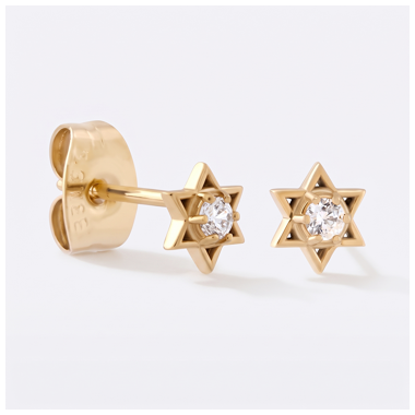 GOLD PVD 18K COATED SURGICAL STEEL STUD EARRINGS SIX-POINT STAR CENTER GEM