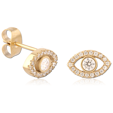 316L GOLD PVD 18K COATED SURGICAL STEEL STUD EARRINGS EYE HALO GEM