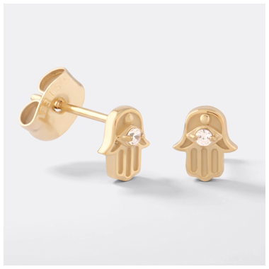 GOLD PVD 18K COATED SURGICAL STEEL STUD EARRINGS HAMSA HAND GEM