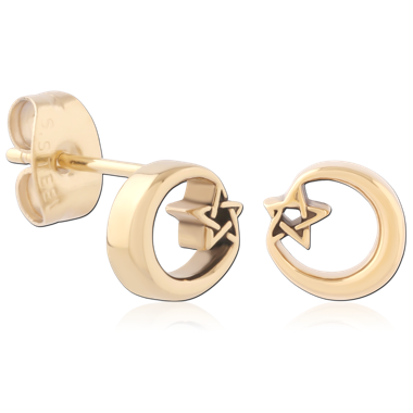 GOLD PVD 18K COATED SURGICAL STEEL STUD EARRINGS OPEN CIRCLE STAR PAIR