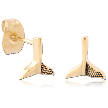 GOLD PVD 18K COATED SURGICAL STEEL STUD EARRINGS WHALE TAIL PAIR