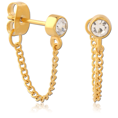 GOLD PVD COATED SURGICAL STEEL STUD EARRINGS DOUBLE CHAIN BEZEL GEMS