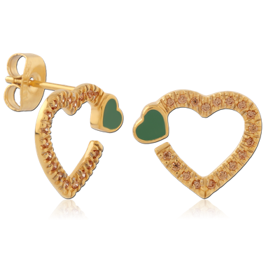 GOLD PVD COATED SURGICAL STEEL STUD EARRINGS OPEN HEART GREEN ENAMEL AND GEMS