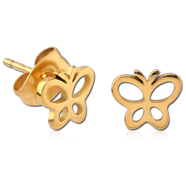 316L GOLD PVD COATED SURGICAL STEEL EAR STUDS PAIR - BUTTERFLY