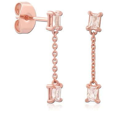 316L ROSE GOLD PVD SURGICAL STEEL STUD EARRINGS LONG CHAIN DANGLE WITH BAGUETTE GEMS