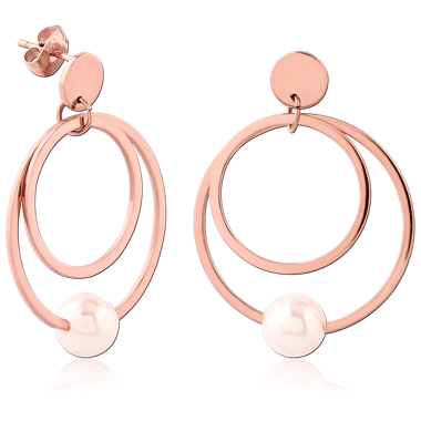 ROSE GOLD PVD COATED SURGICAL STEEL EARRINGS DOUBLE HOOP WITH PEARL DANGLE