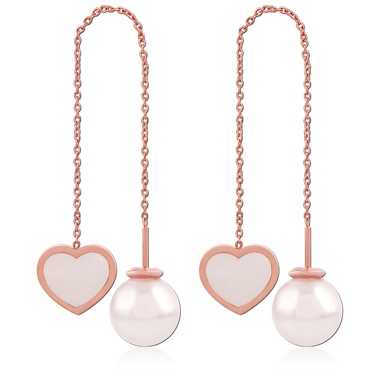 ROSE GOLD PVD COATED SURGICAL STEEL THREADER EARRINGS HEART CHARM AND PEARL