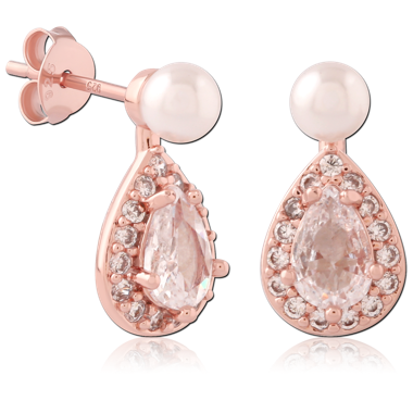 STERLING SILVER 925 ROSE GOLD PLATED JEWELED EAR STUDS PAIR