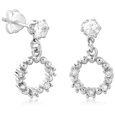 STERLING SILVER 925 STUD EARRINGS CLEAR GEM WITH BEADED CIRCLE DANGLE