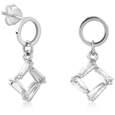 STERLING SILVER 925 STUD EARRINGS OPEN RING WITH BAGUETTE RHOMBUS DANGLE