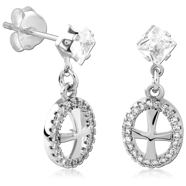 STERLING SILVER 925 STUD EARRINGS SQUARE GEM WITH CROSS OVAL DANGLE