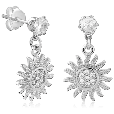 STERLING SILVER 925 STUD EARRINGS CLEAR GEM WITH SUNBURST DANGLE