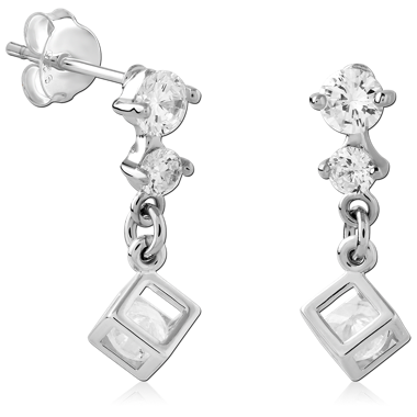 STERLING SILVER STUD EARRINGS DOUBLE ROUND GEM WITH OPEN SQUARE CHARM