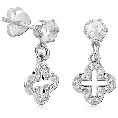 STERLING SILVER STUD EARRINGS ROUND GEM WITH QUATREFOIL PAVE CHARM
