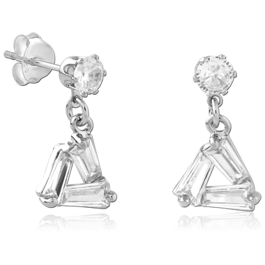 STERLING SILVER STUD EARRINGS ROUND GEM WITH TRIANGULAR BAGUETTE GEM CHARM