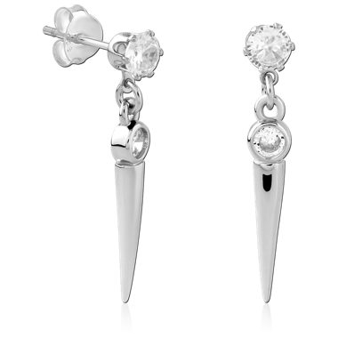 STERLING SILVER STUD EARRINGS DOUBLE GEM WITH POLISHED SPIKE CHARM