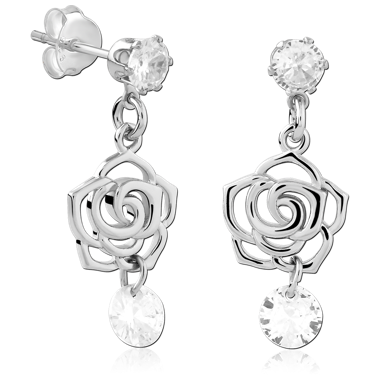 STERLING SILVER STUD EARRINGS ROUND GEM WITH ROSE OUTLINE AND ROUND GEM CHARM