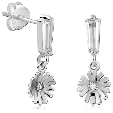 STERLING SILVER STUD EARRINGS BAGUETTE GEM WITH DAISY FLOWER CHARM