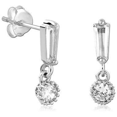STERLING SILVER STUD EARRINGS BAGUETTE GEM WITH ROUND GEM CHARM