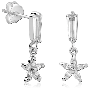 STERLING SILVER STUD EARRINGS BAGUETTE GEM WITH FIVE PETAL FLOWER CHARM