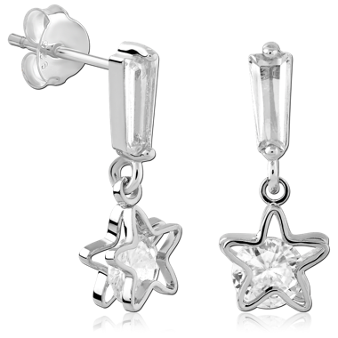 STERLING SILVER STUD EARRINGS BAGUETTE GEM WITH STAR OUTLINE AND GEM