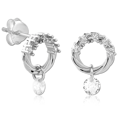 STERLING SILVER STUD EARRINGS TWISTED CIRCLE WITH ROUND GEM CHARM