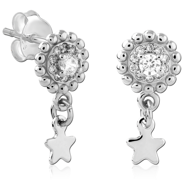 STERLING SILVER STUD EARRINGS BEADED FLOWER GEM WITH STAR CHARM