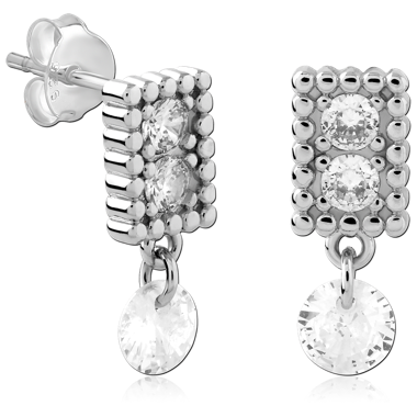 STERLING SILVER STUD EARRINGS RECTANGULAR BEADED FRAME DOUBLE GEM WITH ROUND GEM CHARM