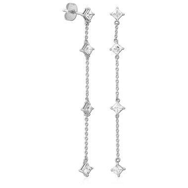 316L SURGICAL STEEL STUD EARRINGS SQUARE GEM CHAIN DROP