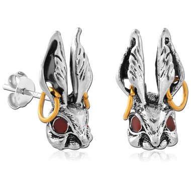 316L SURGICAL STEEL STUD EARRINGS RABBIT HEAD WITH HOOP RINGS AND RED EYES PAIR