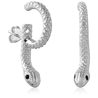 316L SURGICAL STEEL HALF HOOP STUD EARRINGS SNAKE WRAP DESIGN WITH BLACK EYES PAIR