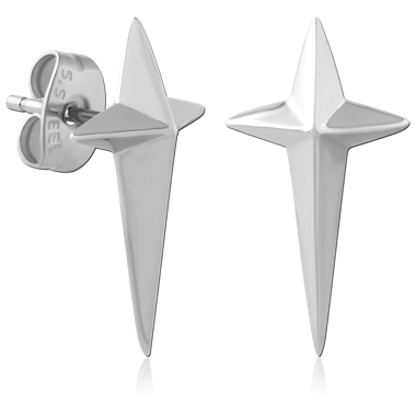 SURGICAL STEEL STUD EARRINGS ELONGATED STAR SPIKE POLISHED DESIGN DETAIL