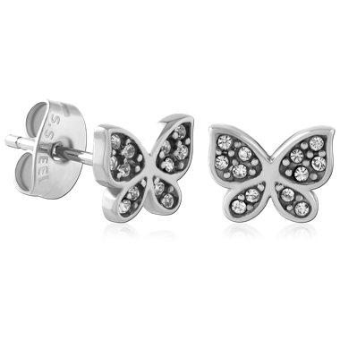 SURGICAL STEEL STUD EARRINGS BUTTERFLY PAVE WINGS CLEAR GEMS DESIGN