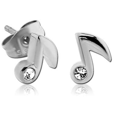 316L SURGICAL STEEL STUD EARRINGS MUSIC NOTE DESIGN CLEAR GEM