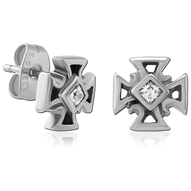 316L SURGICAL STEEL JEWELED EAR STUDS PAIR - IRON CROSS