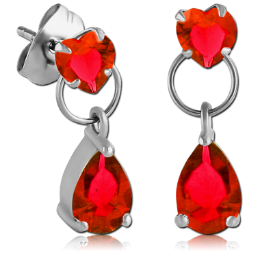 SURGICAL STEEL JEWELED EAR STUDS PAIR - HEART WITH DANGLING PEAR STONE