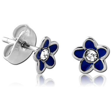 SURGICAL STEEL VALUE JEWELED EAR STUDS PAIR WITH ENAMEL - FLOWER
