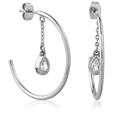SURGICAL STEEL STUD EARRINGS OPEN HOOP WITH CHAIN TEARDROP GEM