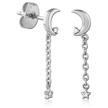 SURGICAL STEEL STUD EARRINGS CRESCENT MOON WITH CHAIN DROP AND STAR CHARMS