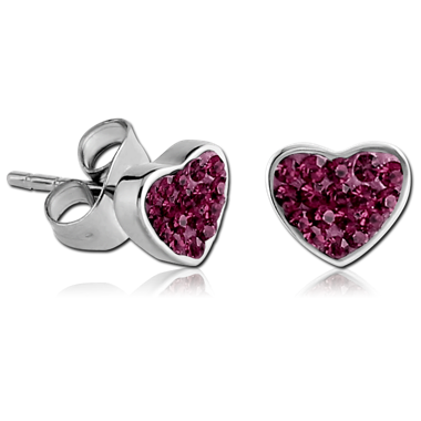 PAIR OF SURGICAL STEEL CRYSTALINE JEWELED EAR STUDS-HEART
