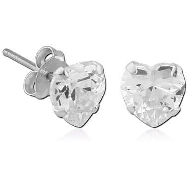 STERILE STERLING SILVER 925 JEWELED PRONG SET HEART EAR STUDS PAIR