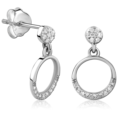 316L SURGICAL STEEL STUD EARRINGS ROUND GEM TOP WITH OPEN CIRCLE GEM CHARM